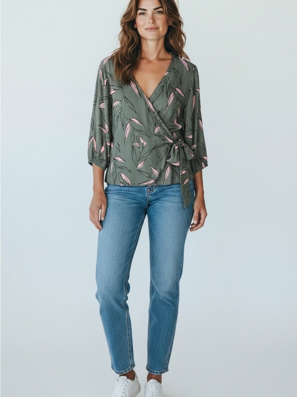 Reitmans womens Woven Wrap Blouse in Olive with Pink Leaf Print size medium